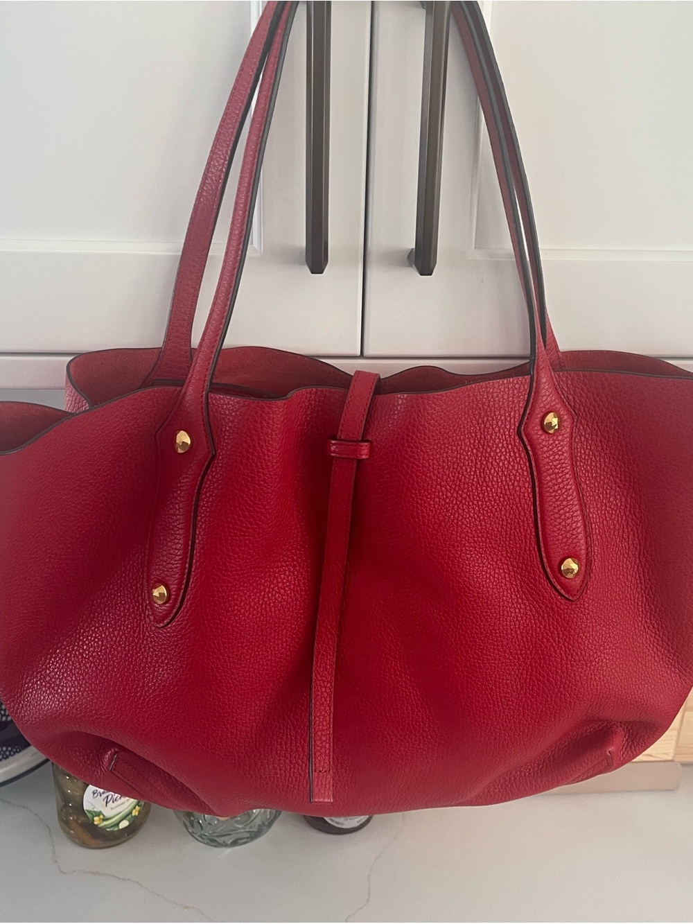 NEW Annabel Ingall Red Pebbled Leather Tote with Gold Accents - Picture 3 of 5